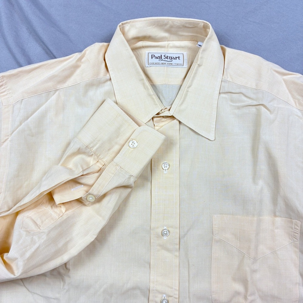 Paul Stuart Button Up Dress Shirt 15.5 34 Peach Cotton Micro Check Plaid USA